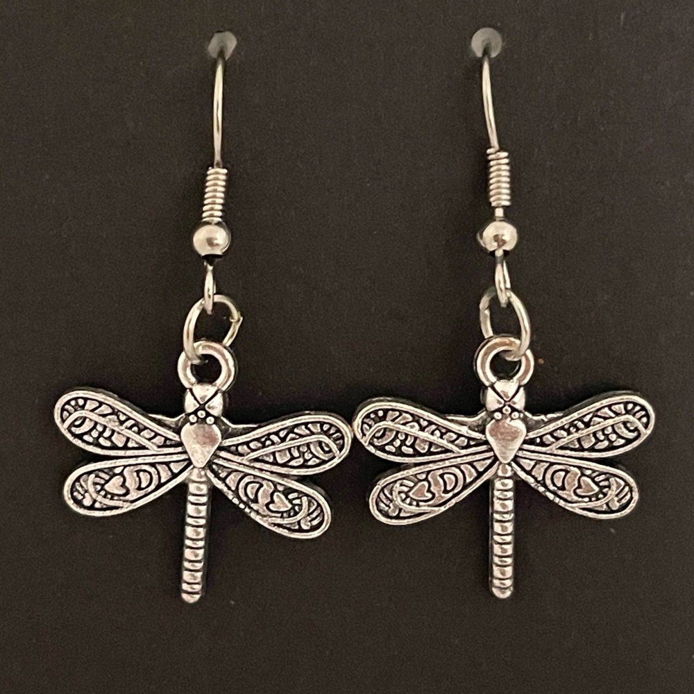 Hand crafted drop dangle dragonfly earrings.